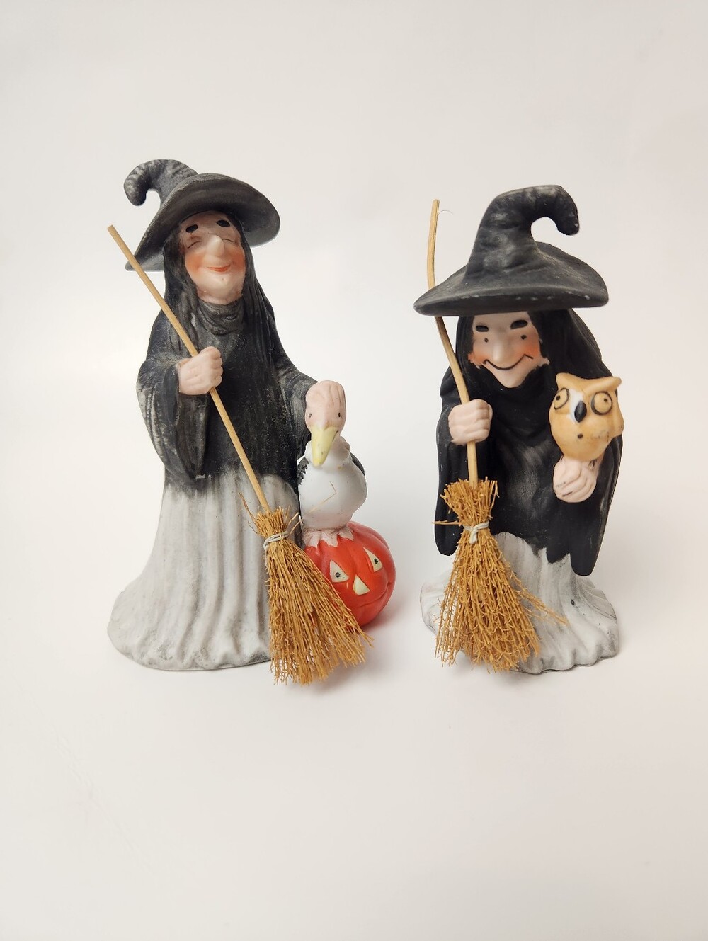 Vintage Halloween Witch Figurine Duo in Black and Gray with Brooms